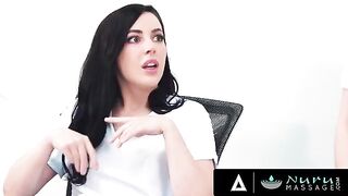 A sexy girl is having fun with her colleague using oil on their friend’s dick