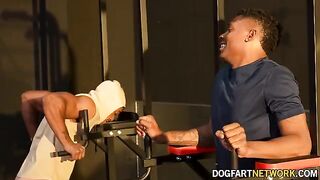 Kay Carter gets fucked by two black guys at the gym, showcasing her athletic prowess