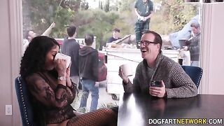 Ebony babe Paris The Muse gets her mouth full of big white dicks in a bukkake scene