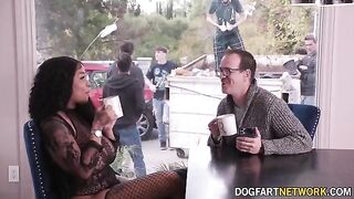 Ebony babe Paris The Muse gets her mouth full of big white dicks in a bukkake scene