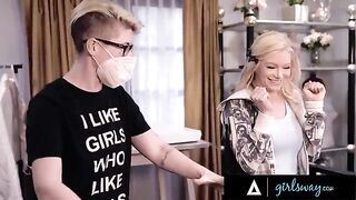 Ember Snow and hot blonde in passionate interracial scissoring action