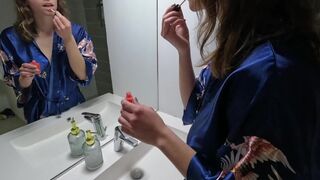 A French student gets fucked hard in the bathroom in the morning