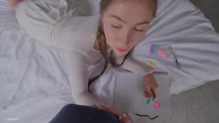 A stepsister is trying to master her first blowjob and does not give up