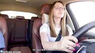 The stepson is having driving lessons with his stepmom