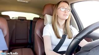 The stepson is having driving lessons with his stepmom