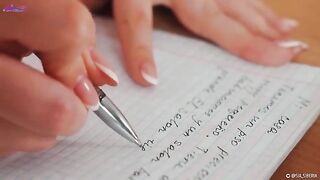The Spanish teacher made her student cum by squirting on his lesson book