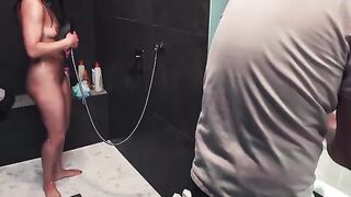 Wet and wild sex in the shower with a brunette MILF