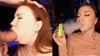 She smokes a cigarette and sucks my dick, covering her face with cum