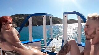 A gorgeous chick gets fucked on an oil-slicked boat, voyeurs watching