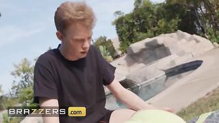 Brunette teen Daya Knight rides the cock of Jimmy and his mom Dee Williams