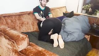 A couple has sex under the blanket and reaches real orgasm