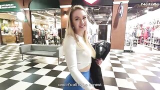 A big ass blonde girl fucks in the toilet of a shopping mall for money