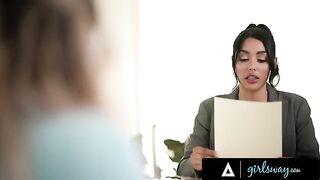 A busty lawyer, Vanessa Sky, gets fucked by her sexy brunette intern Kayley Gunner