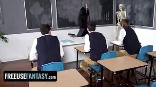 Hot teacher Valentina Nappi fucked by three students in classroom scene