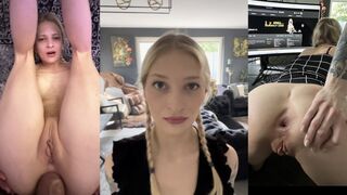 Cute teen fucks in her ass hole and receives a creampie