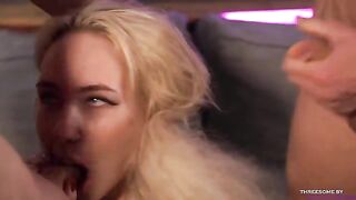 Double blowjob with two guys and a blonde bombshell