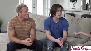 A blonde woman with huge boobs, Jessica Starling, gets fucked by two men