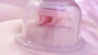 A girl plays with her nipples and clit using a toy, reaching intense heights four times