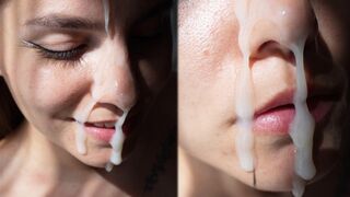 A young beauty gets a huge cumshot on her cute face