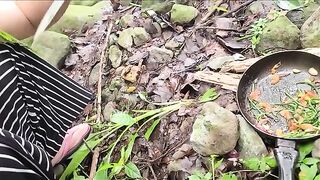 A hot single mom is cooking and having sex in the river