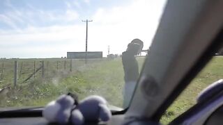 A couple on a road trip gets caught and the girl sucks and swallows in public