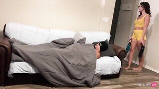 Horny wife fucks her husband's friend on the couch, gets creampied