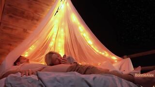 A couple enjoys romantic sex outdoors with long foreplay and simultaneous orgasm