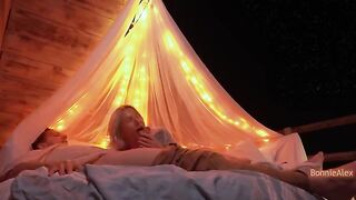 A couple enjoys romantic sex outdoors with long foreplay and simultaneous orgasm