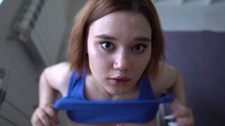 A pretty slut with piercings in her tongue and lips, gagging on cock