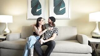 A boyfriend experiences his first double blowjob with two girls in a steamy scene