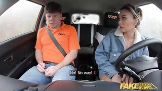 A cheating wife with big tits gets fucked hard in a fake driving school scene