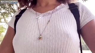 Public masturbation and a hard orgasm in a public place with a stranger watching the girl's pussy and legs