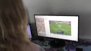 The girl was playing video games when a man came and fucked her