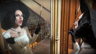 Hot cosplay with tall Lady Dimitrescu from Resident Evil Village, enjoying intense action