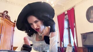 Hot cosplay with tall Lady Dimitrescu from Resident Evil Village, enjoying intense action