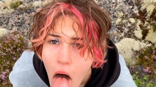 A hot chick is fucking on a stone in nature, it’s hot!