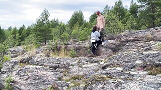A hot chick is fucking on a stone in nature, it’s hot!