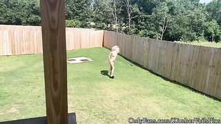 Nude sex on the backyard porch with a blonde