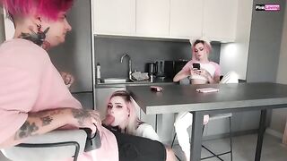 A couple has sex while a friend is standing at the table