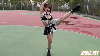 A cheerleader girl has sex with a guy and swallows the semen on the street