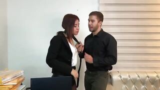 A cutie secretary in stockings gets fucked by her handsome boss and squirts in the office