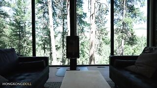 A girl plays with herself while doing yoga in the woods