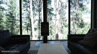 A girl plays with herself while doing yoga in the woods