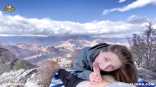 An amateur couple fucked outdoors on a cliff, captured in real POV style