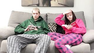 A step brother is jerking off next to his step sister, but she decides to give him a handjob instead