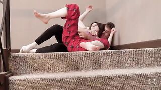 Pervert guy fucked his stepsister on the stairs, a total mess