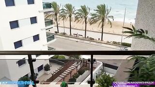 The couple fucked on the balcony and received a cumshot on their faces