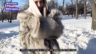 Picking up a girl while walking the dog and fucking her in fur coat