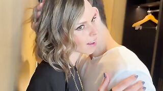 A woman was fucked by two guys in her dress, her husband watched