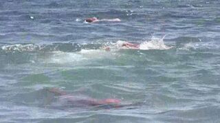 Nude beauties are fucking on the ocean shore